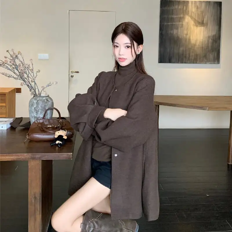 アウター コート レトロモード ランタンスリーブ ゆったり コーヒー色