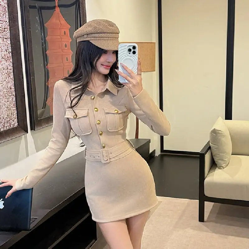 ワンピース 折り襟デザイン ウエストシェイプ 気質アップ ダークベージュ