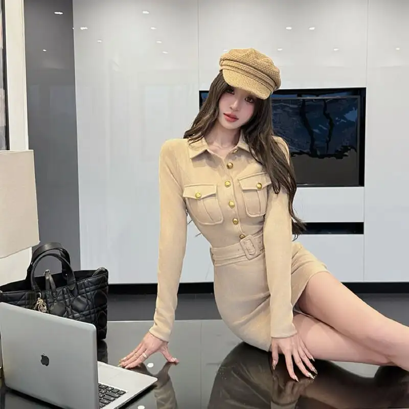 ワンピース 折り襟デザイン ウエストシェイプ 気質アップ ダークベージュ