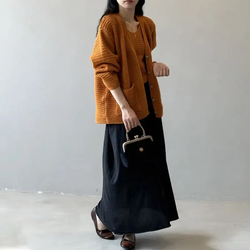 3colors ゆったり Vネック ニット カーディガンセット タンクトップ付き