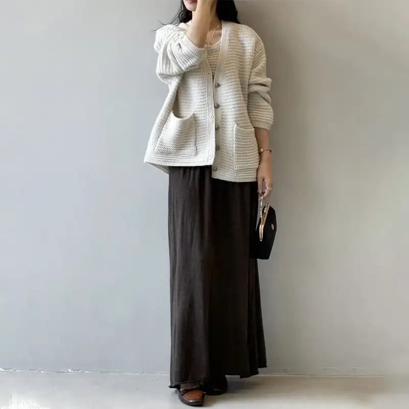 3colors ゆったり Vネック ニット カーディガンセット タンクトップ付き