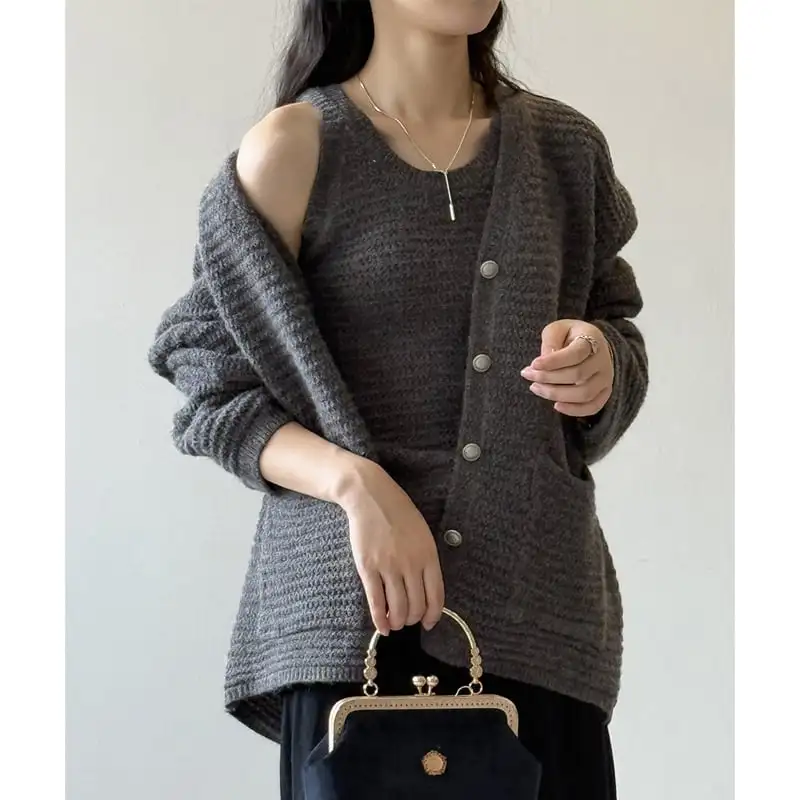 3colors ゆったり Vネック ニット カーディガンセット タンクトップ付き