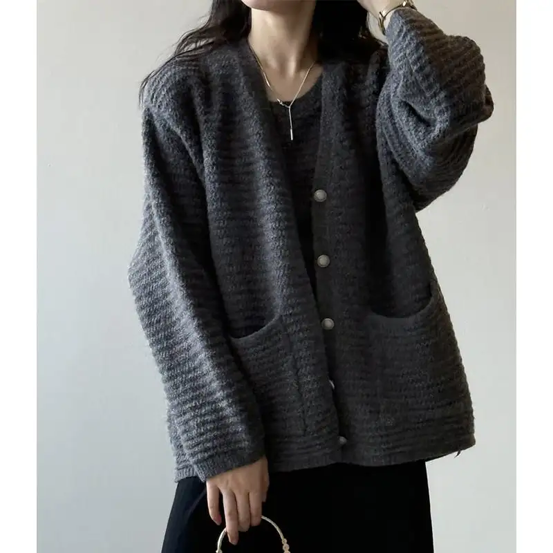 3colors ゆったり Vネック ニット カーディガンセット タンクトップ付き