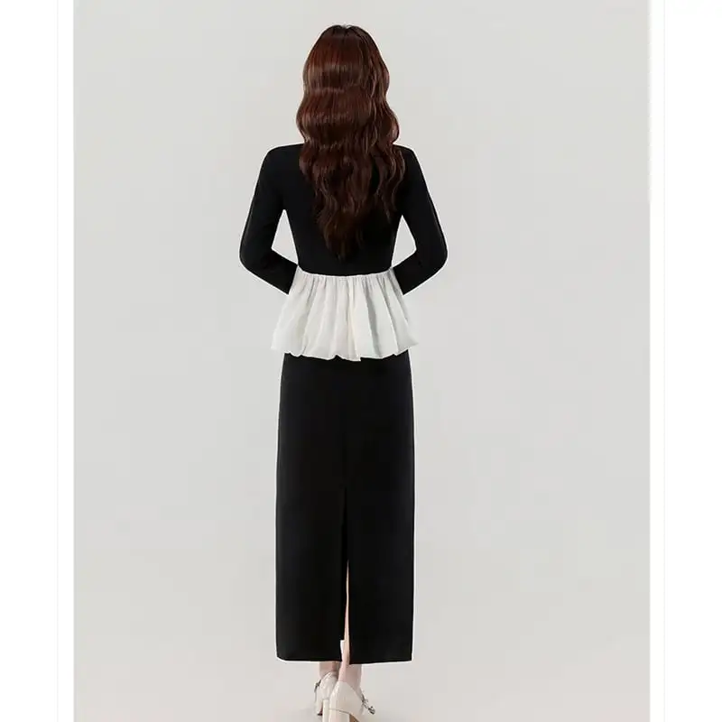セットアップ Vネック ペプラム トップス+スカート デザイン感 ブラック