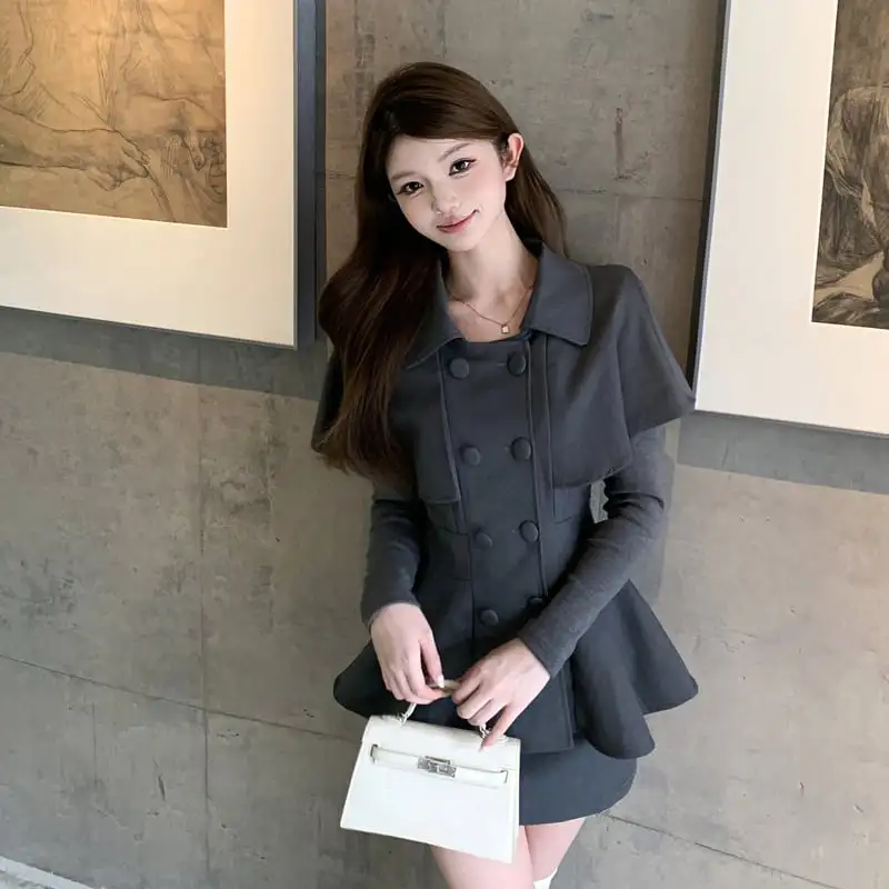 2点セットアップ ケープ風トップス+スカート お姫様風スタイル グレー