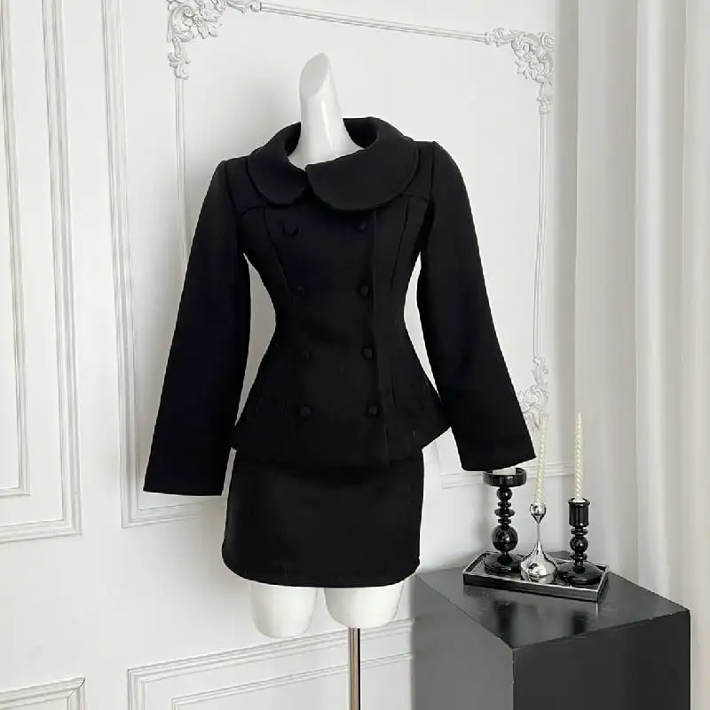 大人可愛い お姫様風 セットアップ ダブルブレスト ジャケット＋スカート ブラック