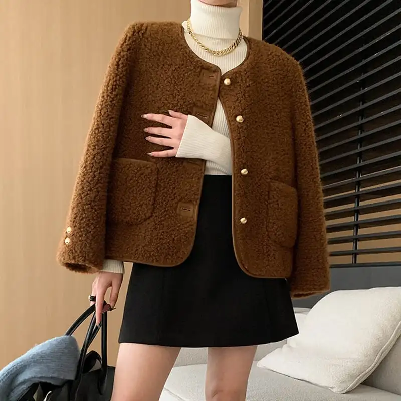 アウター テディジャケット 長袖 フェイクシャギー コーヒー色