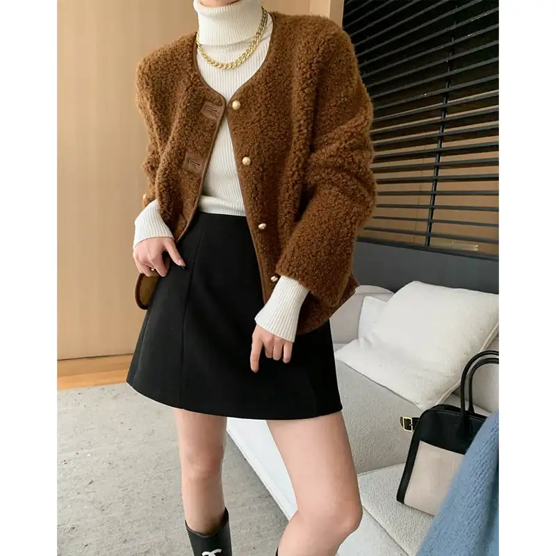 アウター テディジャケット 長袖 フェイクシャギー コーヒー色