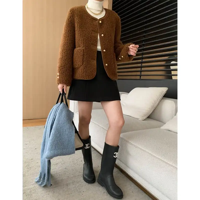 アウター テディジャケット 長袖 フェイクシャギー コーヒー色