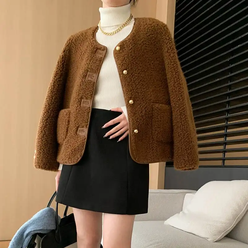 アウター テディジャケット 長袖 フェイクシャギー コーヒー色