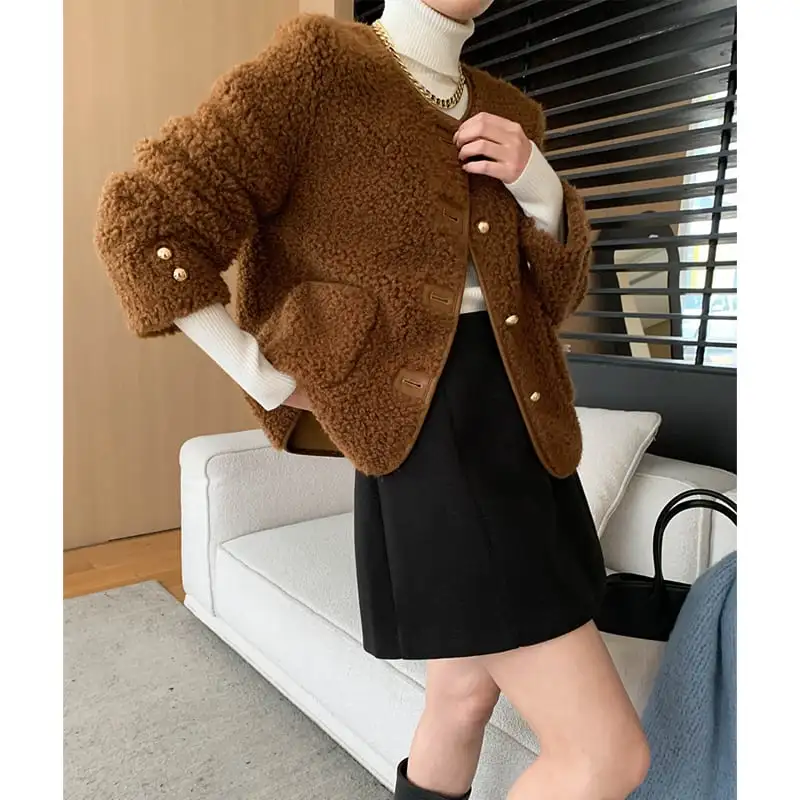 アウター テディジャケット 長袖 フェイクシャギー コーヒー色