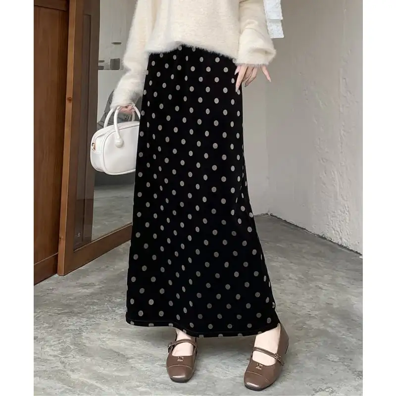 ボトムス スカート ベルベット ドット柄 バックスリット ブラック