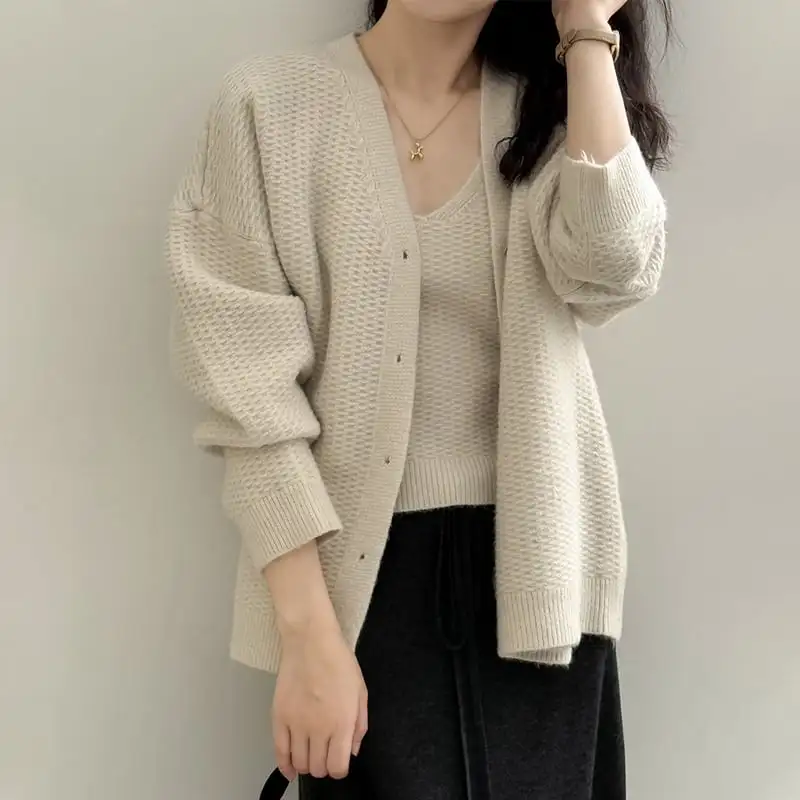 3colors ニット カーディガンセット タンクトップ付き シングルブレスト