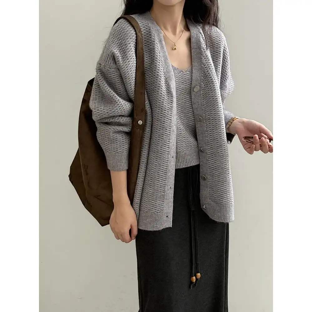 3colors ニット カーディガンセット タンクトップ付き シングルブレスト