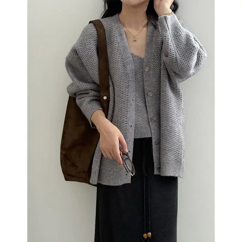 3colors ニット カーディガンセット タンクトップ付き シングルブレスト