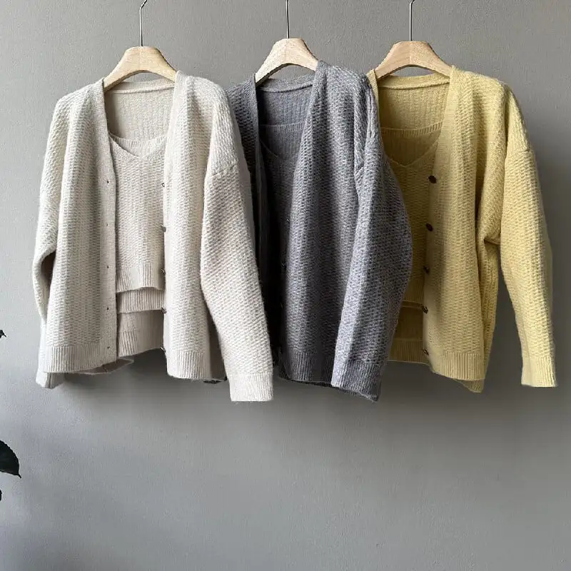 3colors ニット カーディガンセット タンクトップ付き シングルブレスト