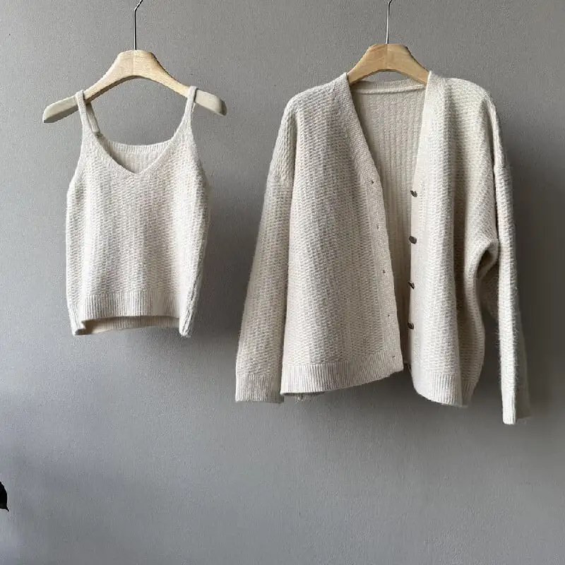 3colors ニット カーディガンセット タンクトップ付き シングルブレスト