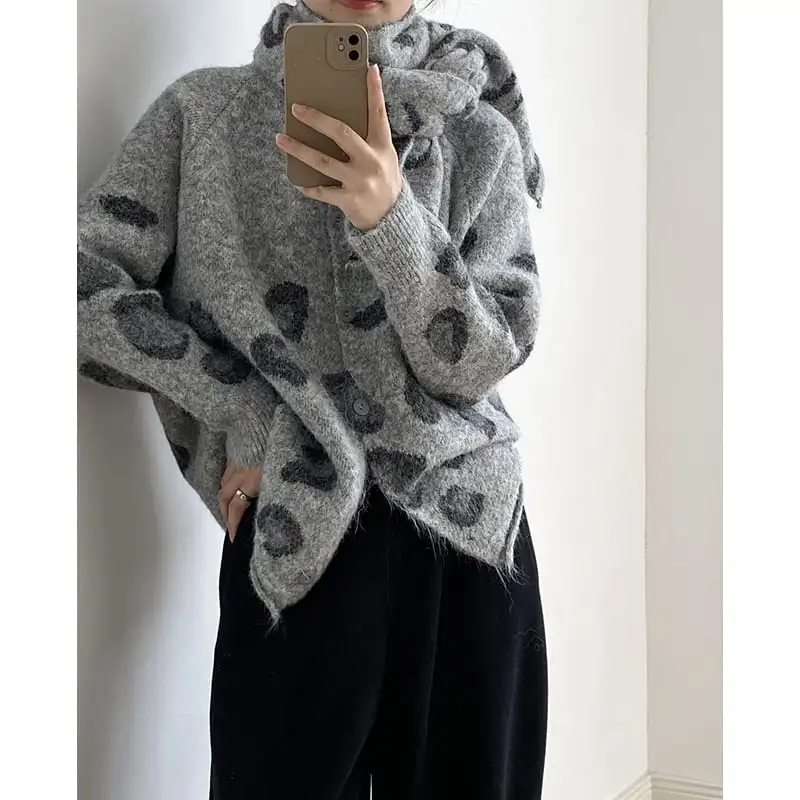 レオパード ニットセーター カーディガン マフラー付き ライトブラウン グレー