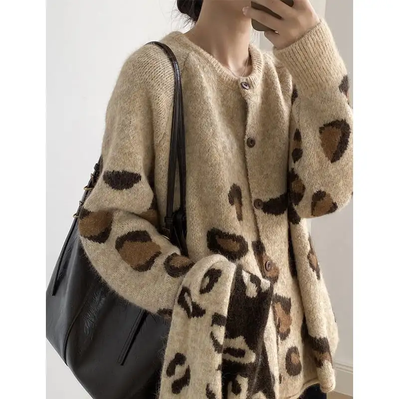 レオパード ニットセーター カーディガン マフラー付き ライトブラウン グレー