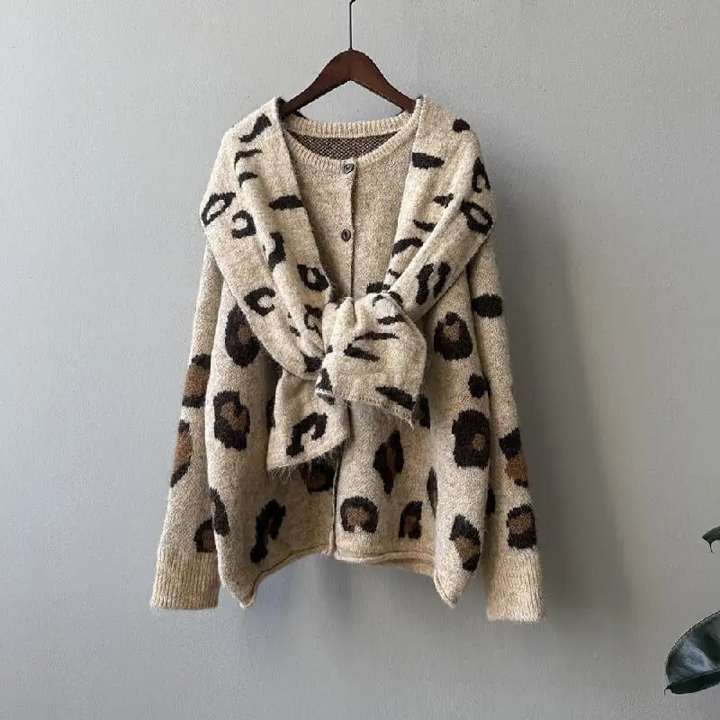 レオパード ニットセーター カーディガン マフラー付き ライトブラウン グレー