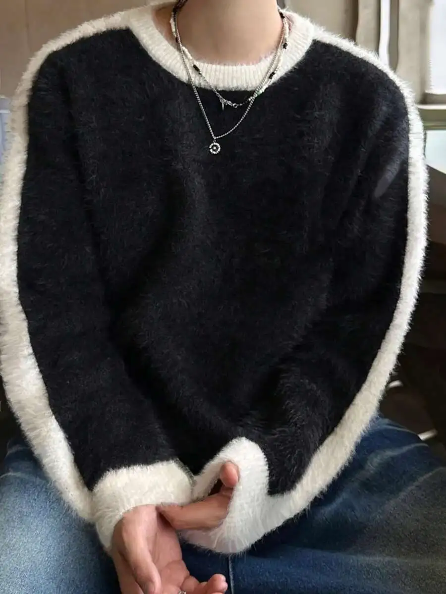 ユニセックス ルーズフィット カジュアル コントラストカラー ニットセーター