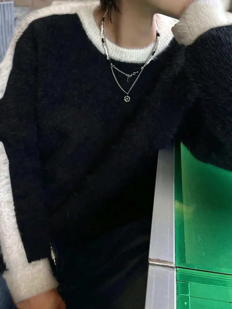 ユニセックス ルーズフィット カジュアル コントラストカラー ニットセーター