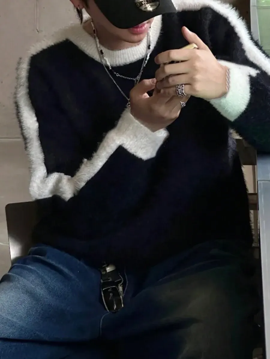 ユニセックス ルーズフィット カジュアル コントラストカラー ニットセーター