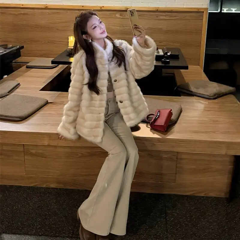 アウター 2色展開 フェイクファー ジャケット スタンドカラーデザイン コーヒー色 ベージュ