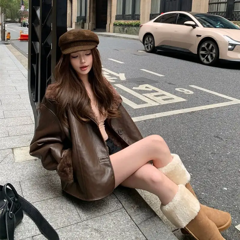 リバーシブルジャケット  ファーライニング ノッチドカラー コーヒー色