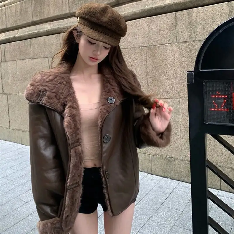 リバーシブルジャケット  ファーライニング ノッチドカラー コーヒー色