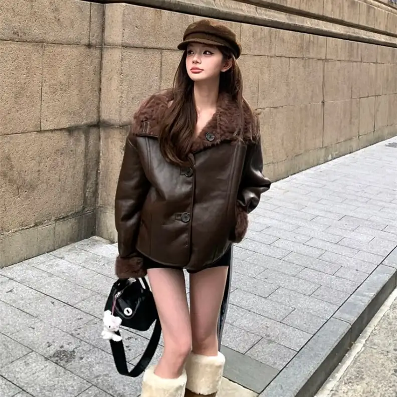 リバーシブルジャケット  ファーライニング ノッチドカラー コーヒー色