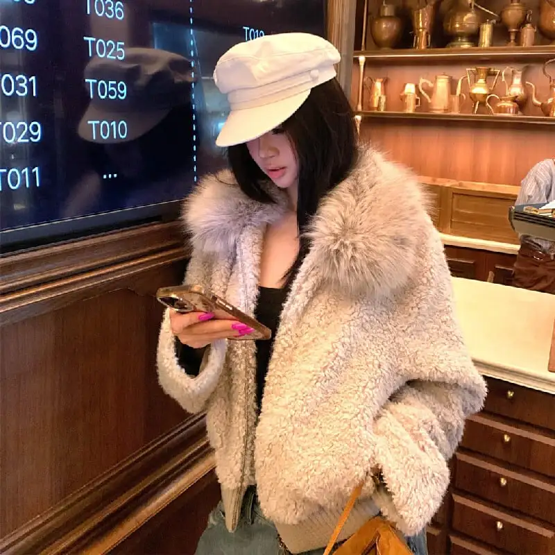 アウター ルーズフィット ファーフード付きジップアップ ジッパー グレー