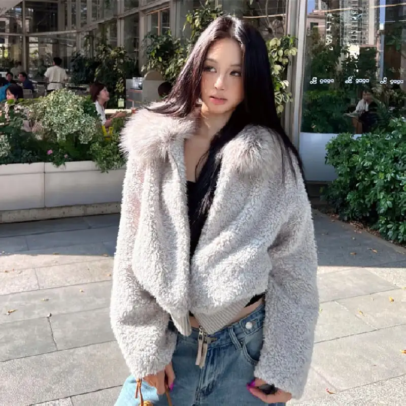 アウター ルーズフィット ファーフード付きジップアップ ジッパー グレー