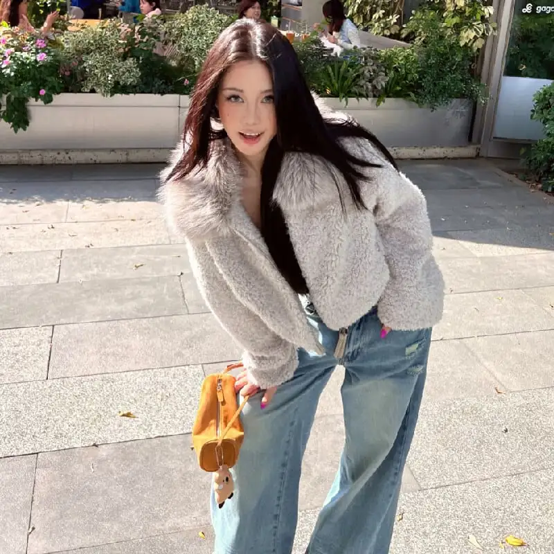 アウター ルーズフィット ファーフード付きジップアップ ジッパー グレー