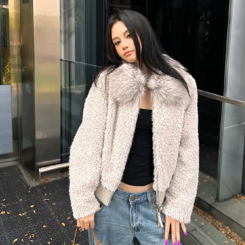 アウター ルーズフィット ファーフード付きジップアップ ジッパー グレー