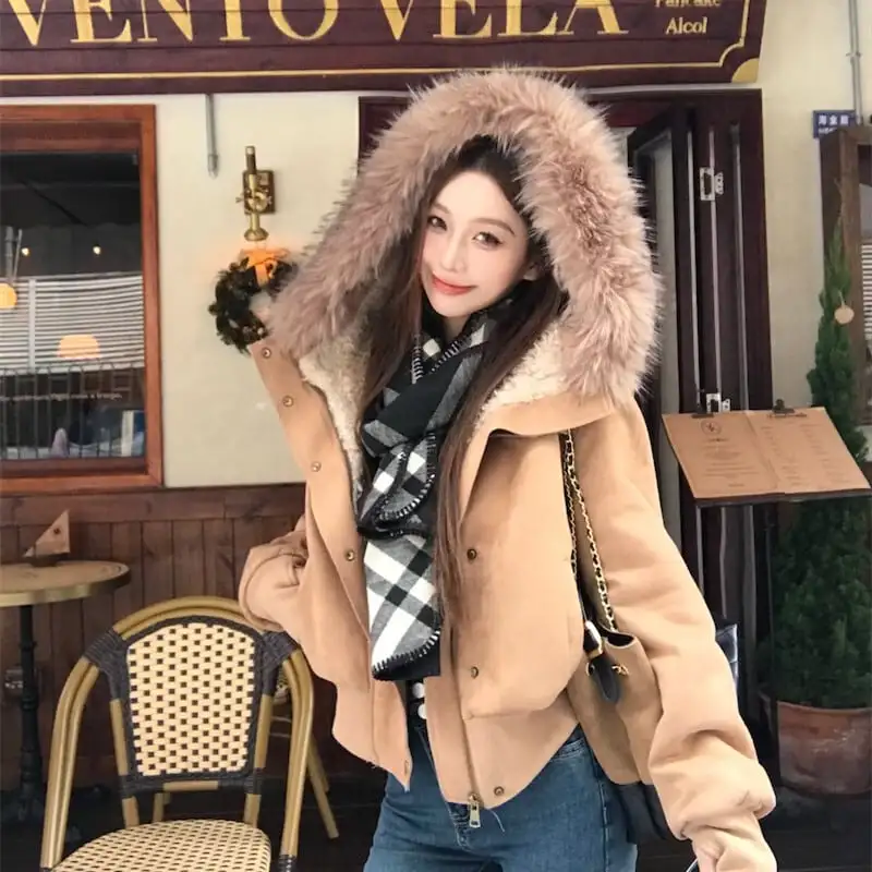 アウター スエード ファー付きフード ジャケット ライトブラウン