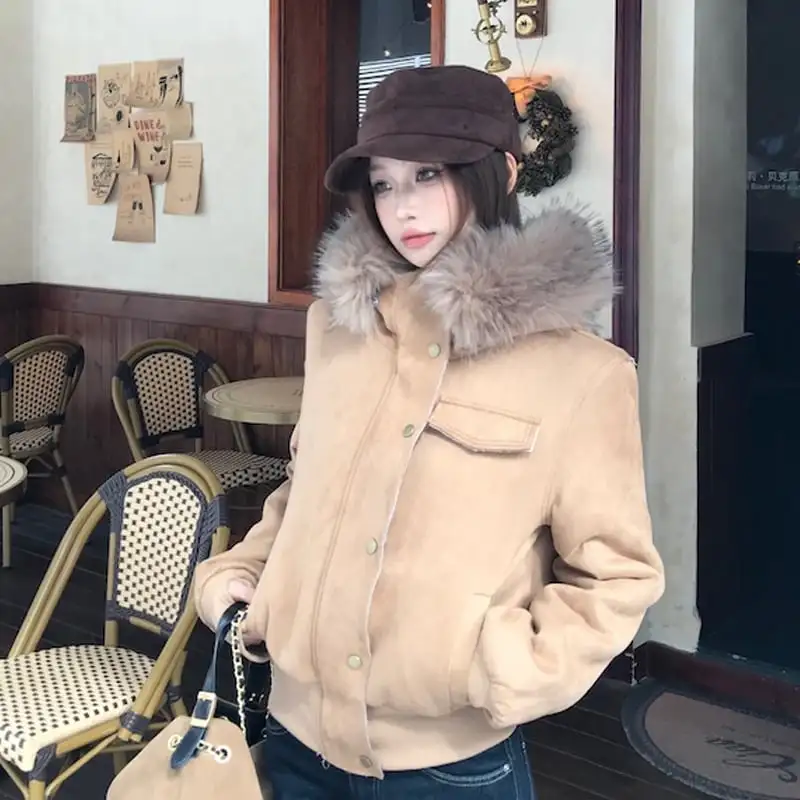 アウター スエード ファー付きフード ジャケット ライトブラウン