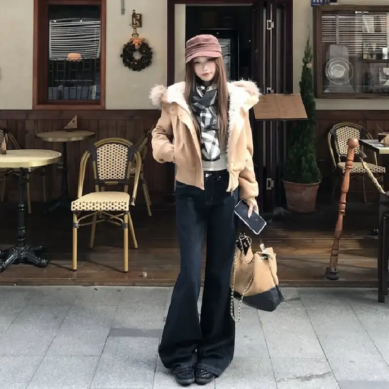 アウター スエード ファー付きフード ジャケット ライトブラウン