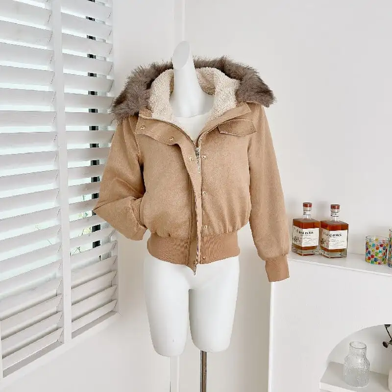 アウター スエード ファー付きフード ジャケット ライトブラウン