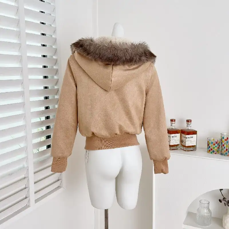 アウター スエード ファー付きフード ジャケット ライトブラウン