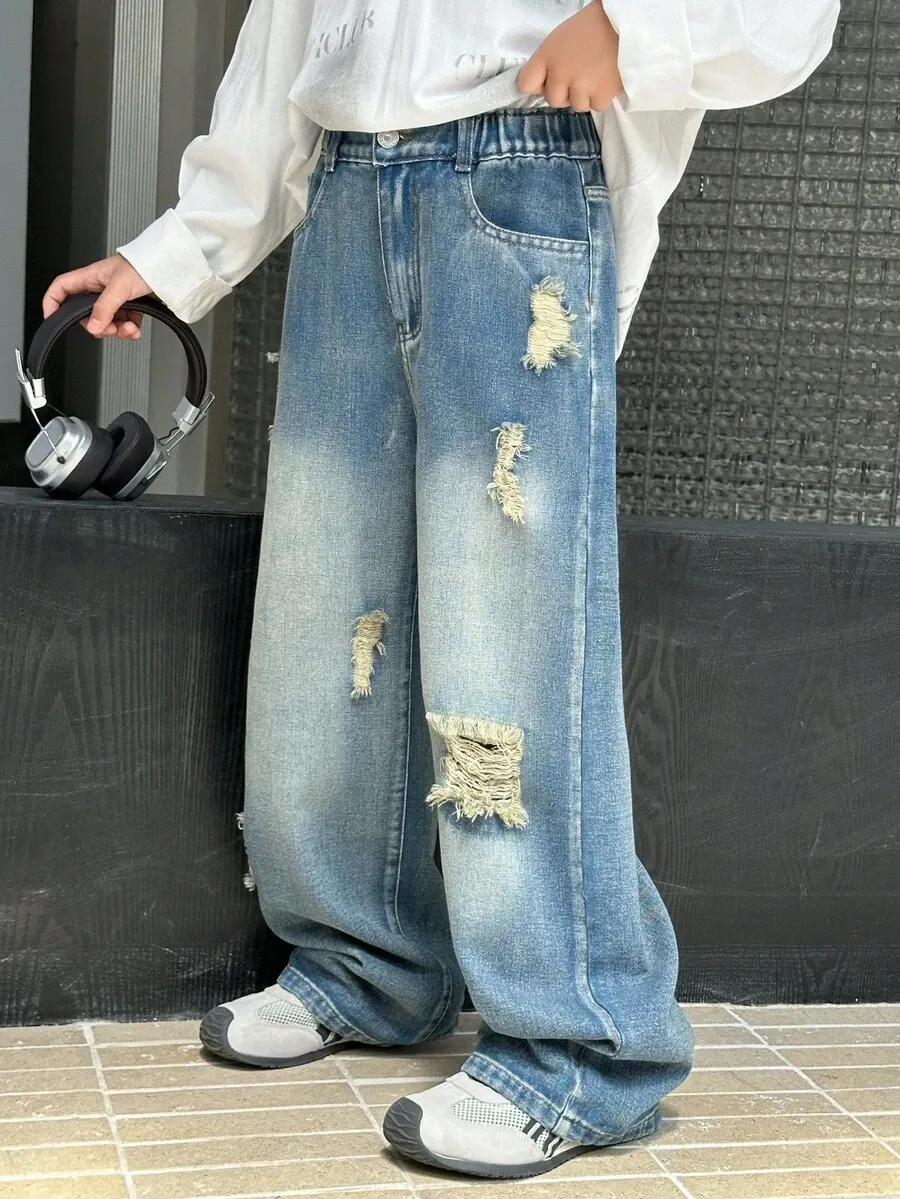 【110-150cm】ヴィンテージ加工 ストリートウェア ファッション カジュアル ストレート ジーンズ