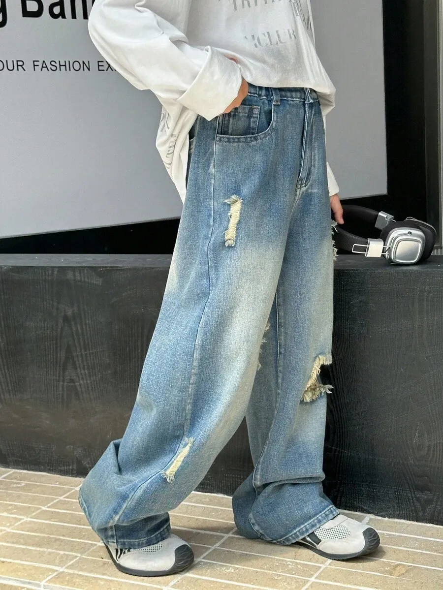 【110-150cm】ヴィンテージ加工 ストリートウェア ファッション カジュアル ストレート ジーンズ