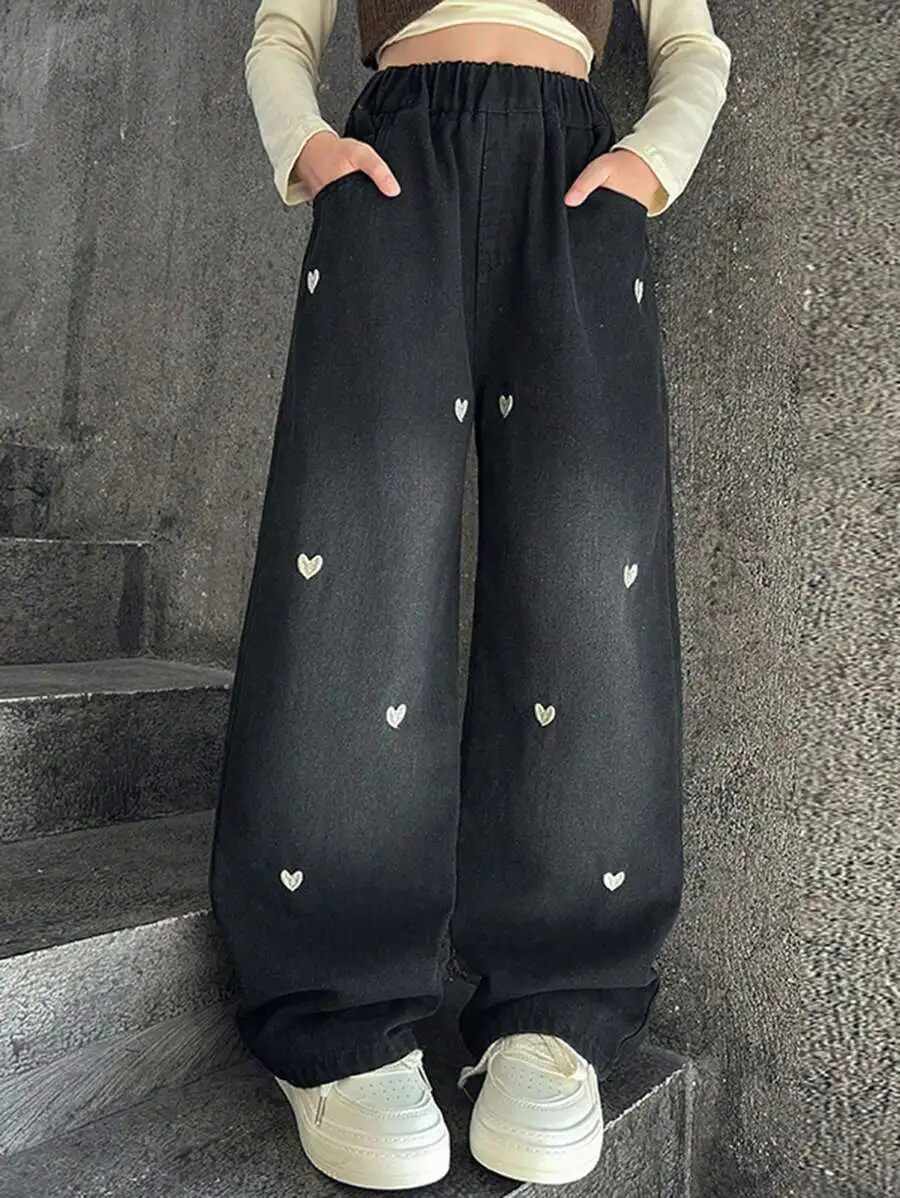 【110-150cm】ハート柄 刺繍 ワイドレッグ ジーンズ