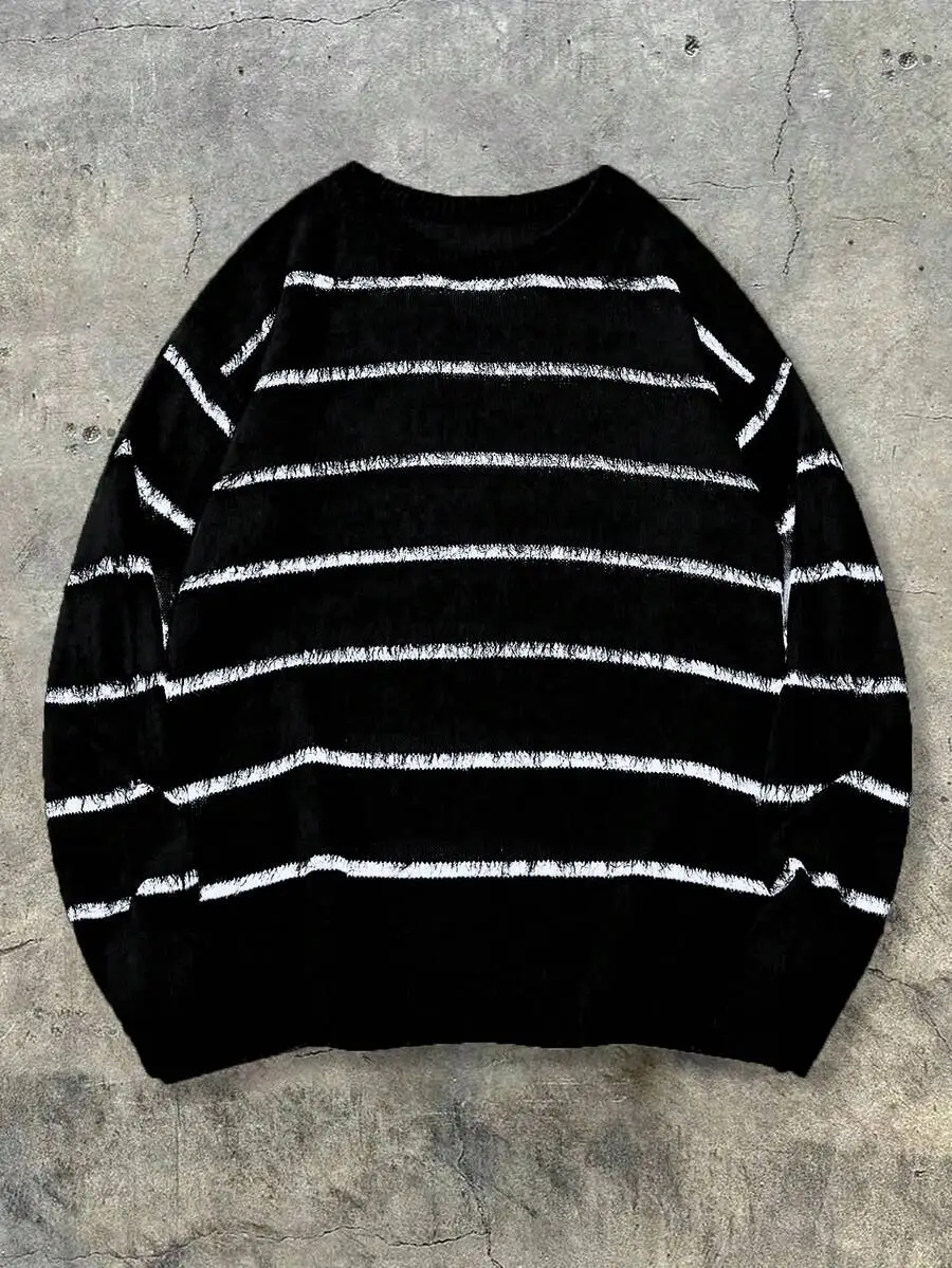 ユニセックス カジュアル ルーズフィット ストライプ柄 プルオーバーセーター
