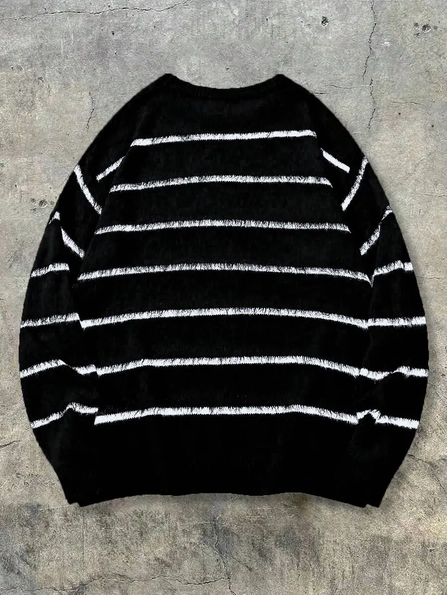 ユニセックス カジュアル ルーズフィット ストライプ柄 プルオーバーセーター