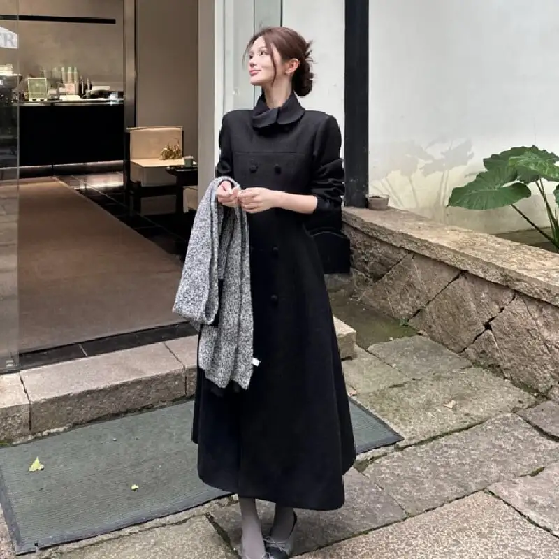 アウター ロングコート ダブルブレスト 気質満点 オーバーコート ブラック