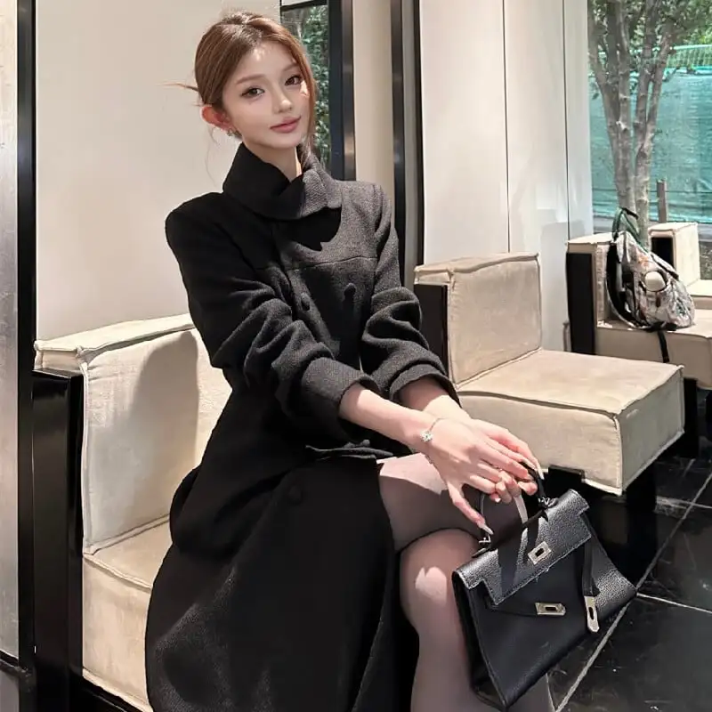 アウター ロングコート ダブルブレスト 気質満点 オーバーコート ブラック