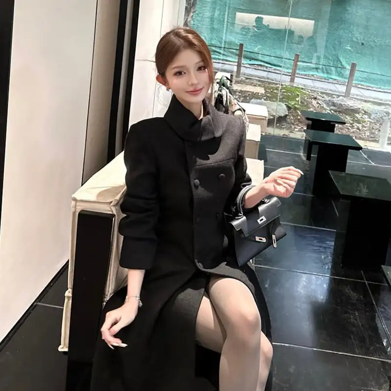 アウター ロングコート ダブルブレスト 気質満点 オーバーコート ブラック