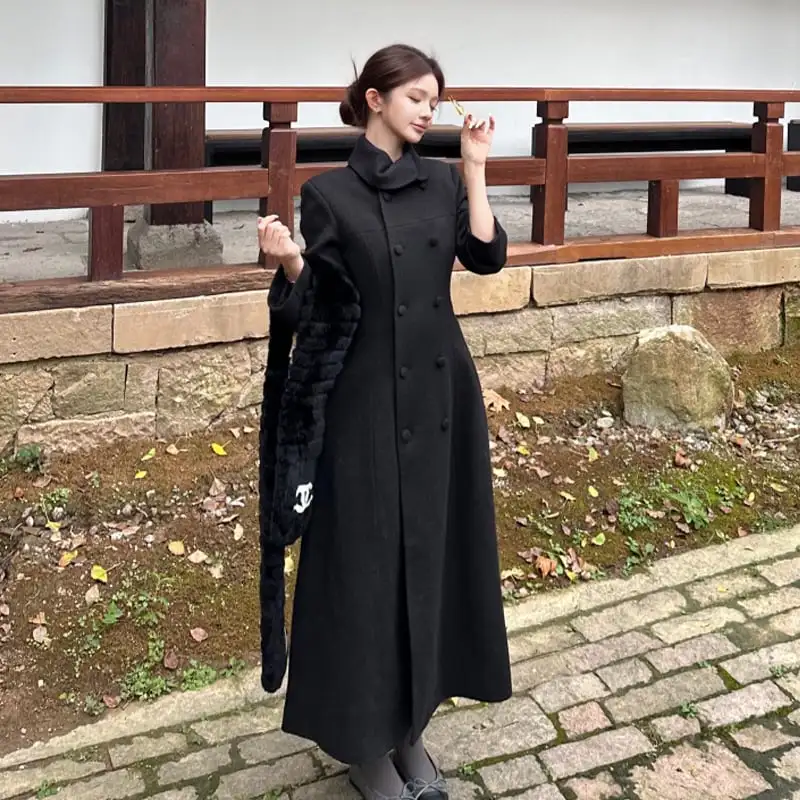 アウター ロングコート ダブルブレスト 気質満点 オーバーコート ブラック