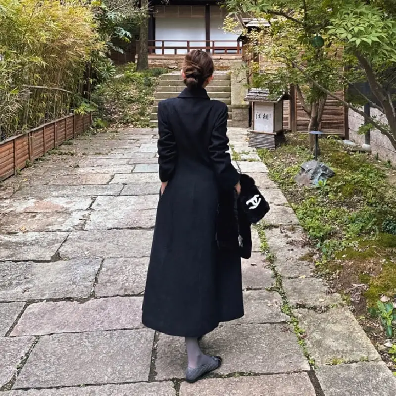 アウター ロングコート ダブルブレスト 気質満点 オーバーコート ブラック